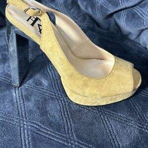 Camel Suede Peep Toe Sling back heel glass chrome heel 4 inch